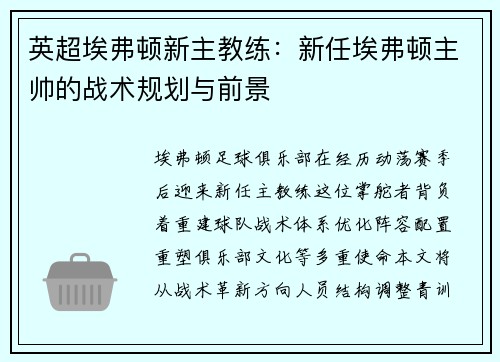 英超埃弗顿新主教练:新任埃弗顿主帅的战术规划与前景