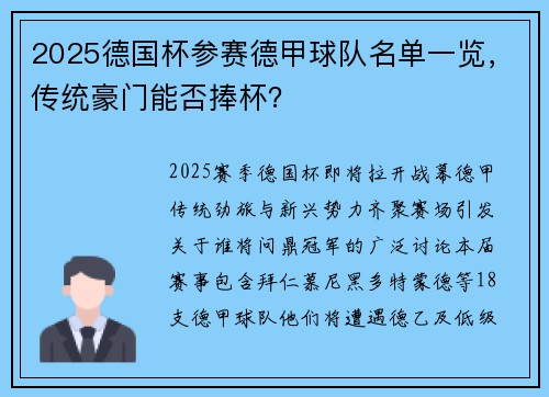 2025德国杯参赛德甲球队名单一览,传统豪门能否捧杯?